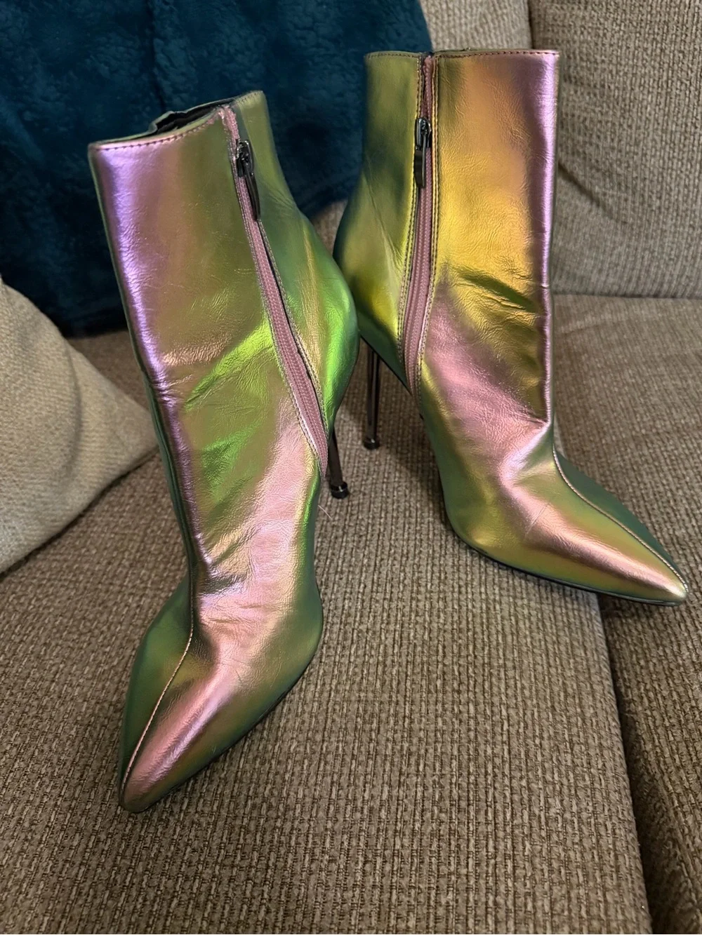 Nine West Iridescent Pink and Silver Pointed-Toe Ankle Boots
